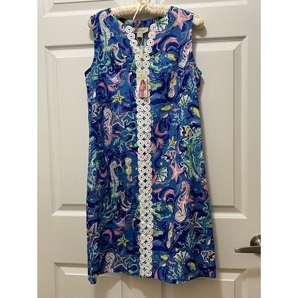 Womens Linen Sleeveless Dress Deep Ocean Print Size S Blue Charlie Paige NWT